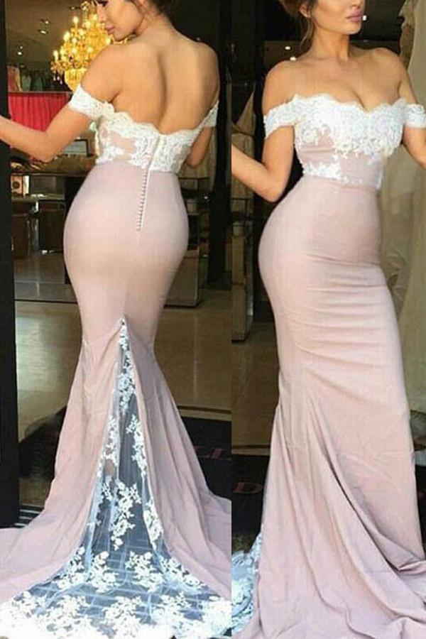 chinese dress ladies Elegant Off Shoulder Mermaid Sweep Train Long Bridesmaid Dresseswith Lace,  MB130
