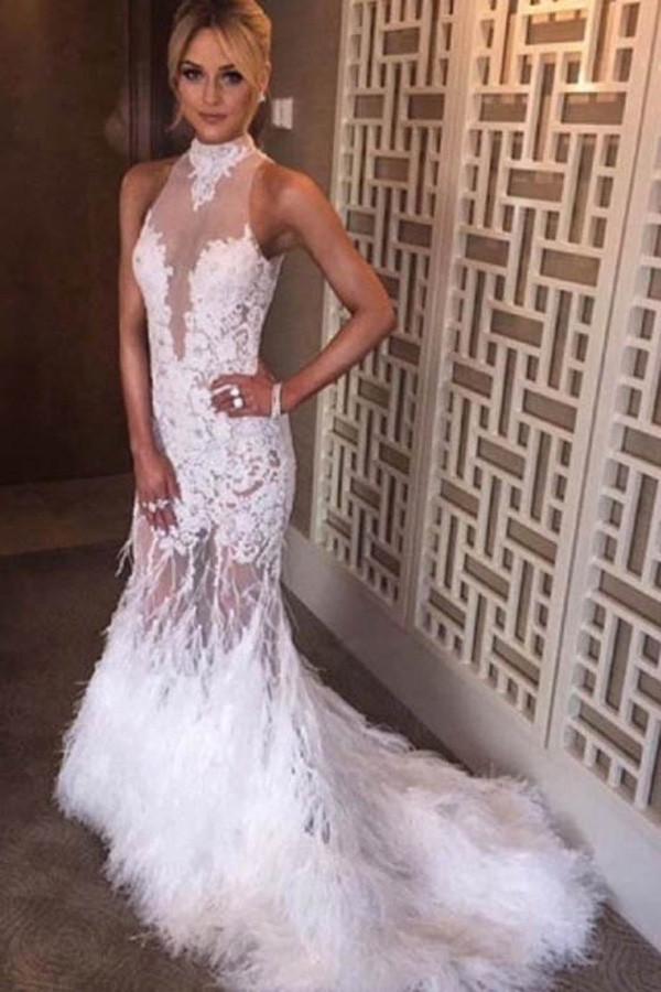 White Halter Mermaid Lace Sweep Train Prom Dresses With Feather, MP416 Musebridals White Halter Mermaid Lace Sweep Train Prom Dresses With Feather, MP416 Musebridals