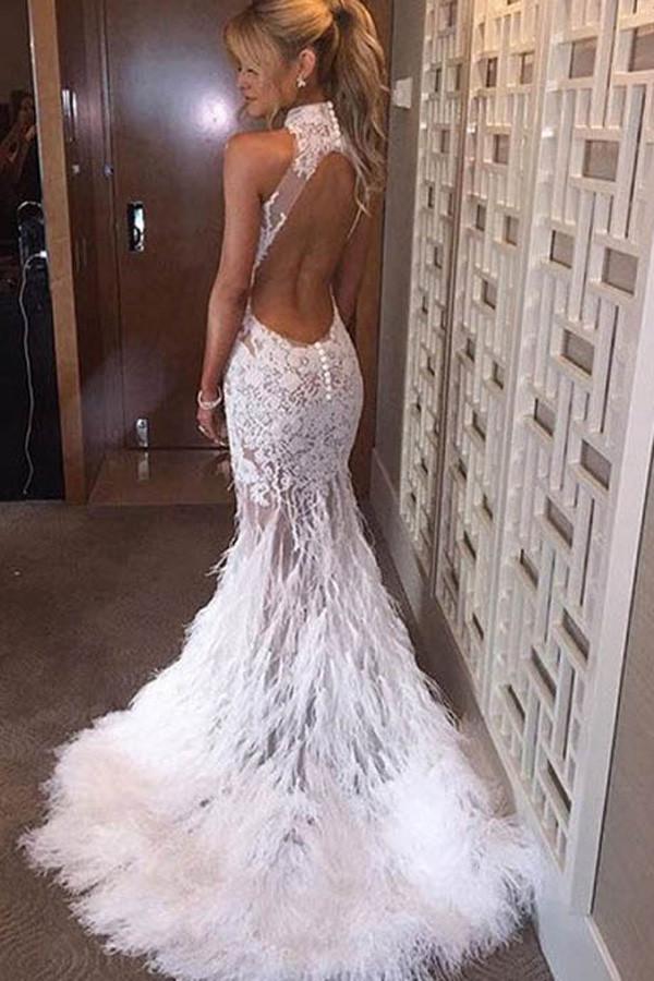 White Halter Mermaid Lace Sweep Train Prom Dresses With Feather, MP416 White Halter Mermaid Lace Sweep Train Prom Dresses With Feather, MP416