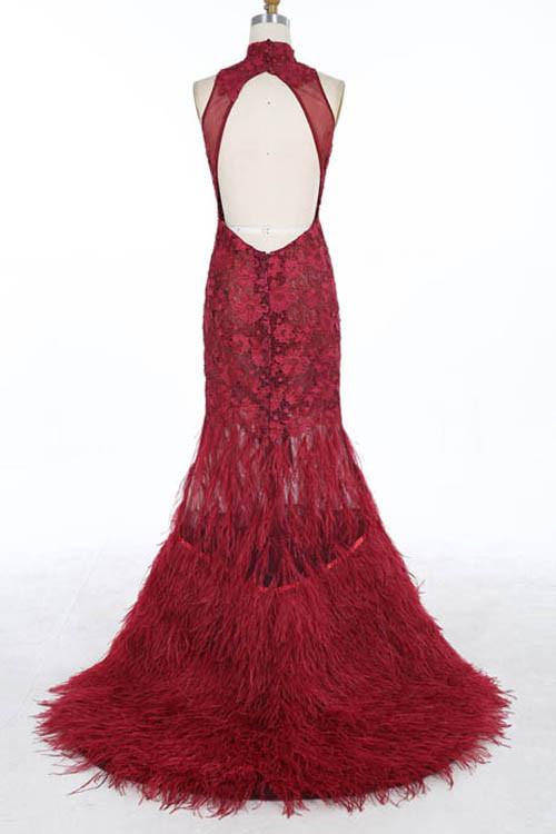White Halter Mermaid Lace Sweep Train Prom Dresses With Feather, MP416
