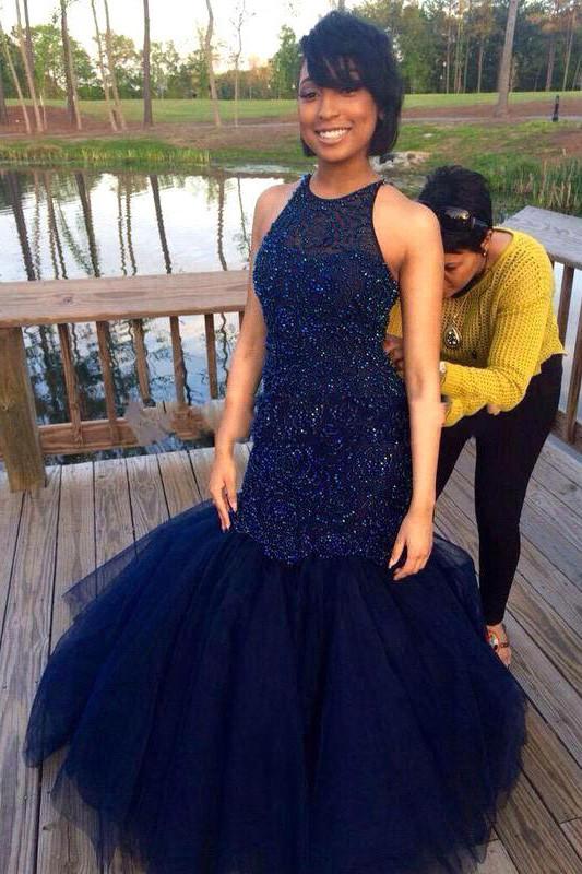 Navy Tulle Halter Mermaid Sleeveless Long Prom Dresses with Beadings, MP297