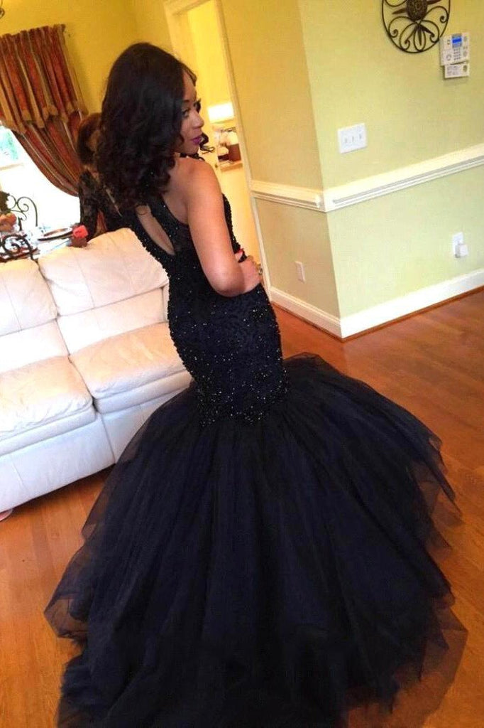 Navy Tulle Halter Mermaid Sleeveless Long Prom Dresses with Beadings, MP297