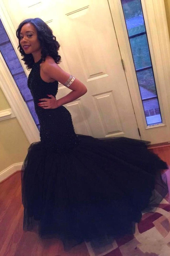 Navy Tulle Halter Mermaid Sleeveless Long Prom Dresses with Beadings, MP297|musebridals.com