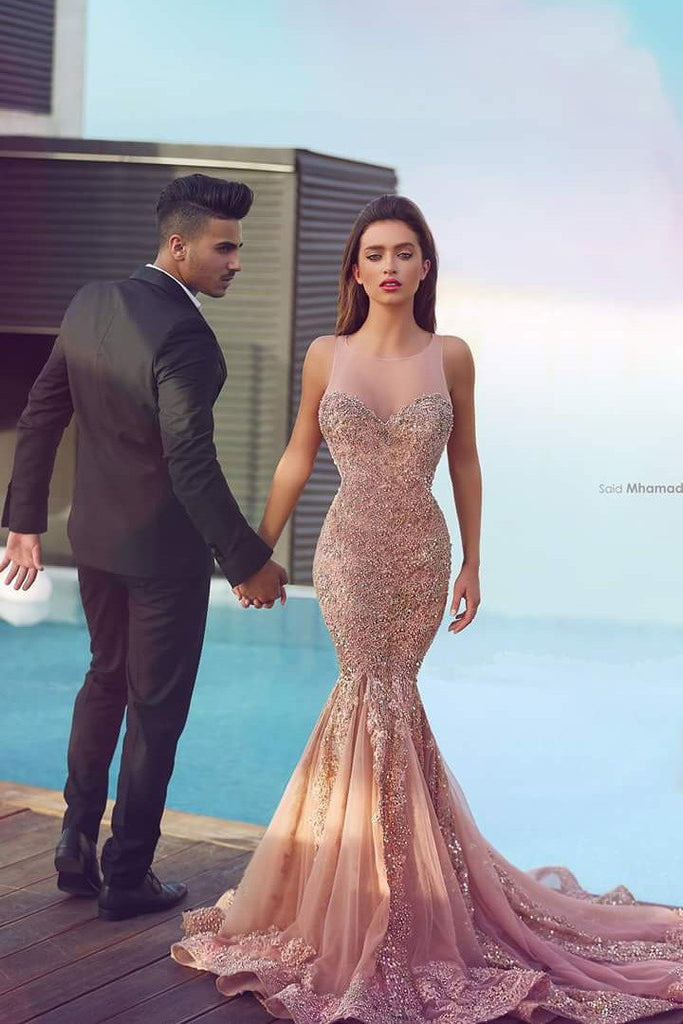 Charming Blush Pink Sweet heart Mermaid Long Prom Dress with Appliques Beading, MP153