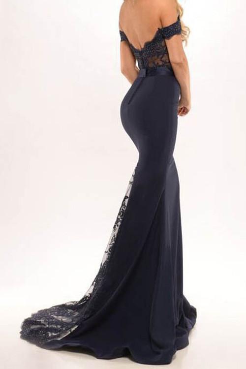 Black Satin Mermaid Off Shoulder Long Prom Dresses, Party Dresses with Lace, MP187 at musebridals.com