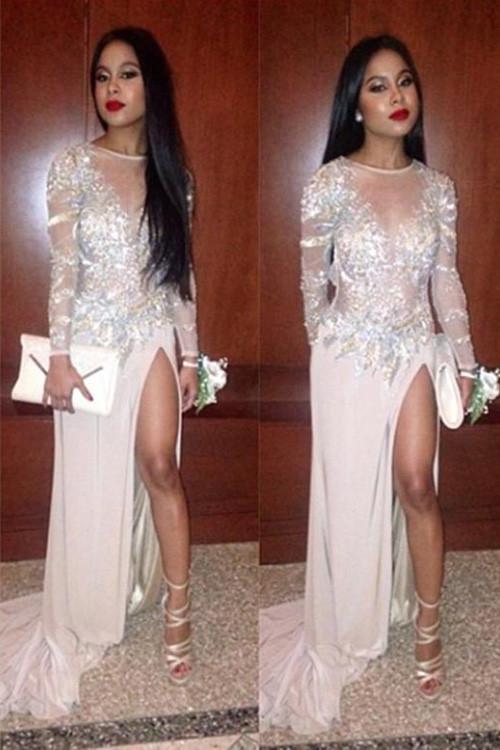 Charming Chiffon Long Prom Dresses, Backless Illusion Neck Prom Dress With High Slit, MP111 from musebridals.com