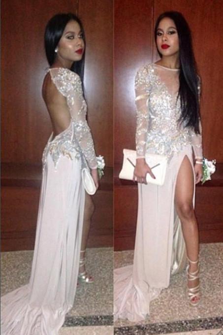 Charming Chiffon Long Prom Dresses, Backless Illusion Neck Prom Dress With High Slit, MP111