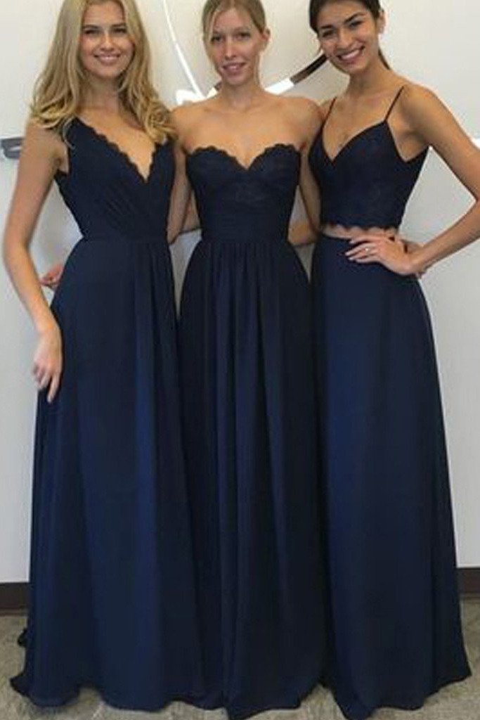 New Arrival Decent Lace Chiffon Navy Blue A Line Bridesmaid Dresses, MB180