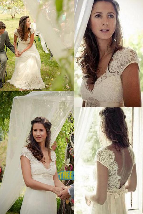 Cap Sleeve A Line V Back Cheap Long Lace Wedding Dresses, Bridal Dress, MW139