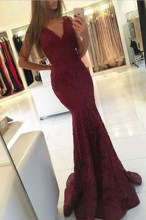 Charming Burgundy Lace V-neck Mermaid Long Prom Dresses For Teens, MP151 Musebridals Charming Burgundy Lace V-neck Mermaid Long Prom Dresses For Teens, MP151 Musebridals