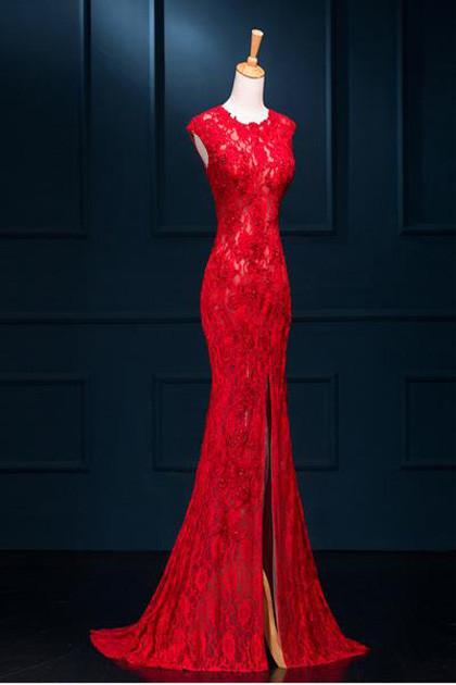Red Lace See Through Split Mermaid Long Prom Dresses Evening Dresses, MP279