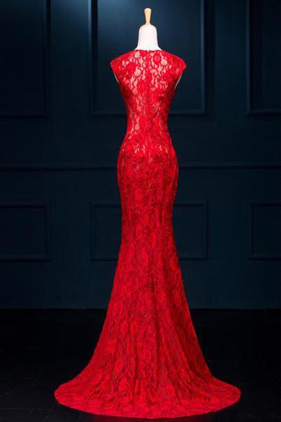 Red Lace See Through Split Mermaid Long Prom Dresses Evening Dresses, MP279|musebridals.com
