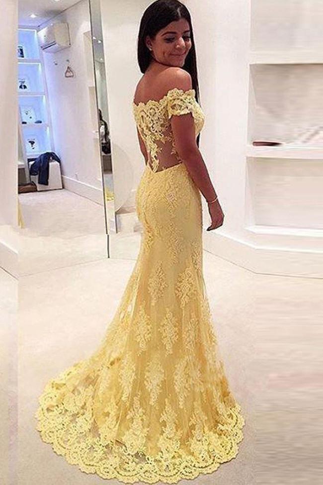 Yellow Off-the-Shoulder Lace Sweep Train Mermaid Prom Dresses Evening Dresses, MP312