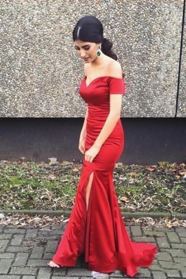 Red Mermaid Split Satin Off Shoulder Long Prom Dress, Evening Dresses, MP365