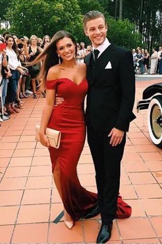 Red Mermaid Split Satin Off Shoulder Long Prom Dress, Evening Dresses, MP365 – Musebridals Red Mermaid Split Satin Off Shoulder Long Prom Dress, Evening Dresses, MP365 – Musebridals