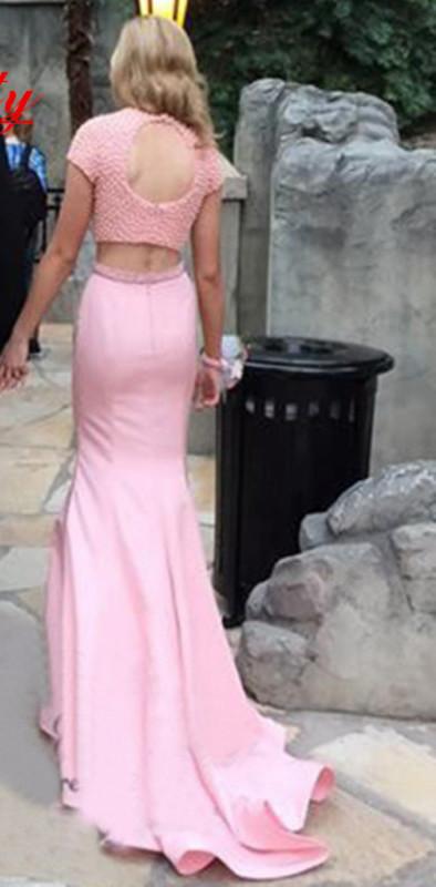 Pink Satin Two Piece Backless Prom Dress Pink Satin Two Piece Backless Prom Dress