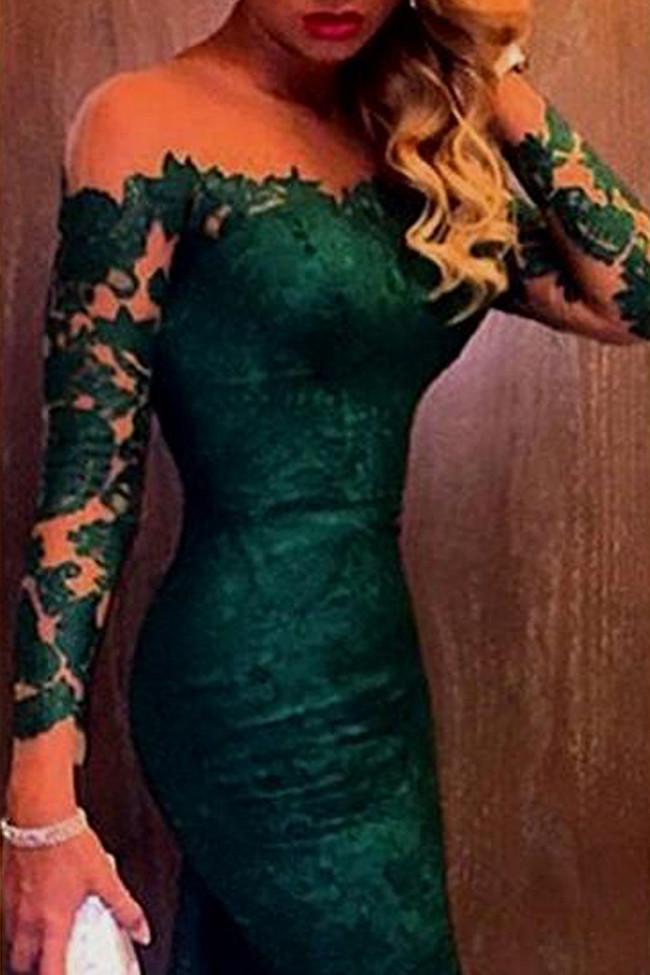 Fabulous Lace Mermaid Dark Green Long Sleeve Off-shoulder Long Prom Dress, MP197|musebridals.com