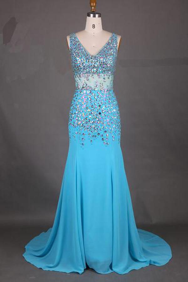 Fabulous Chiffon V-Neck Mermaid Court Train Long Prom Dress With Beading, MP218 at musebridals.com