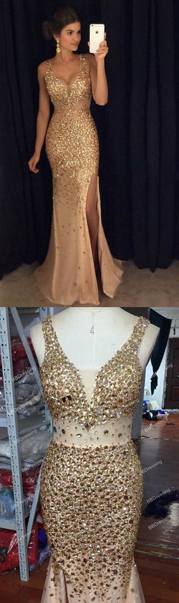 Gold Rhinestone Mermaid See Through Prom Dresses With Beading, MP380 Musebridals Gold Rhinestone Mermaid See Through Prom Dresses With Beading, MP380 Musebridals