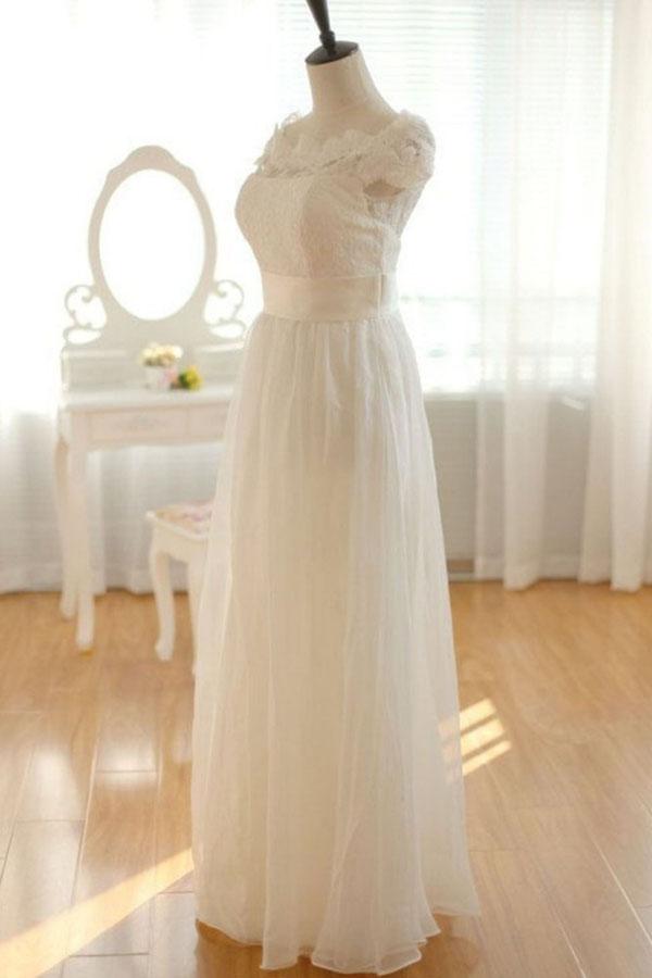 Elegant Ivory Chiffon Lace Long Wedding Dresses, Pretty Bridal Gown, MW137