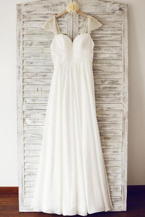 Cheap Chiffon Cap Sleeve Floor Length Beach Wedding Dresses With Beading,  MW121  Musebridals