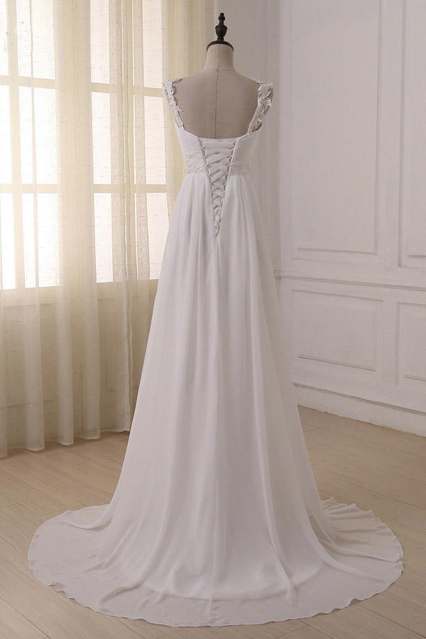 Simple White Chiffon V Neck Straps Wedding Dresses with Sweep Train, MW233 Musebridals Simple White Chiffon V Neck Straps Wedding Dresses with Sweep Train, MW233 Musebridals