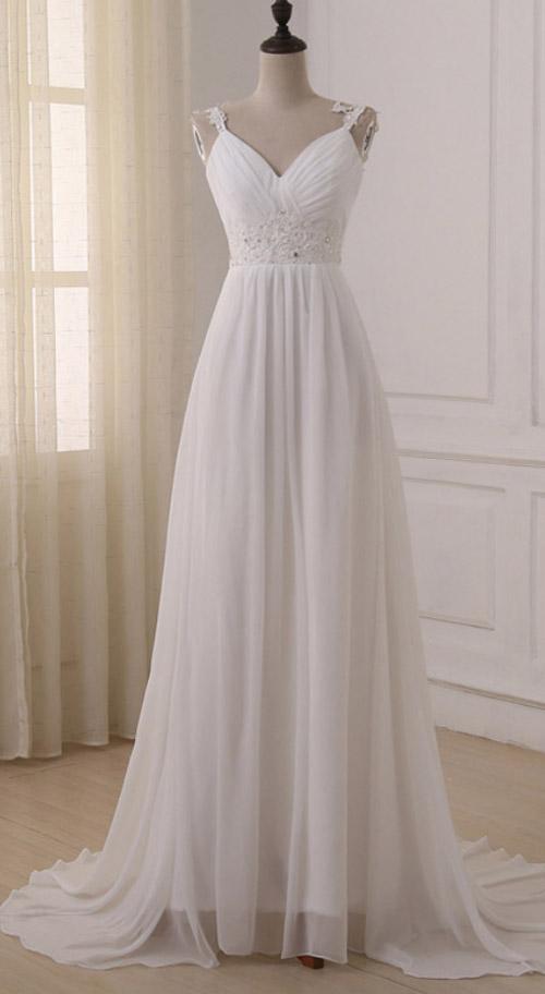Simple White Chiffon V Neck Straps Wedding Dresses with Sweep Train, MW233 Musebridals Simple White Chiffon V Neck Straps Wedding Dresses with Sweep Train, MW233 Musebridals
