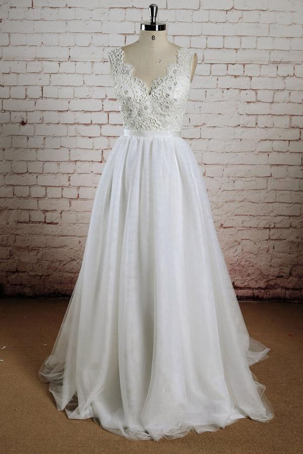 White Tulle Lace Halter V-Neck Long Wedding Dresses with Sweep Train, MW232  – Musebridals