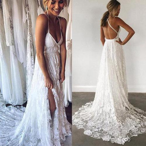 Ivory Lace Open Back Spaghetti Strap Side Split Beach Wedding Dresses,  MW169 – Musebridals