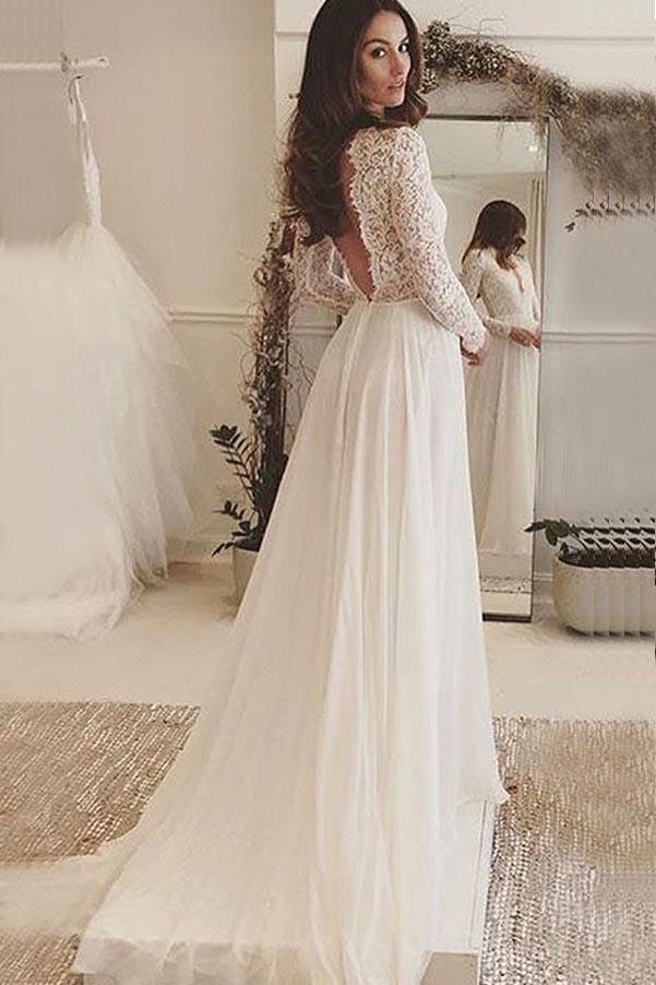 Fabulous Ivory Lace Chiffon Long Sleeves Backless V-Neck Wedding Dresses, MW173 Fabulous Ivory Lace Chiffon Long Sleeves Backless V-Neck Wedding Dresses, MW173