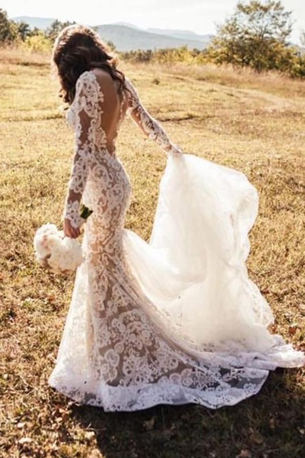 Gorgeous Ivory Backless Lace Mermaid Long Wedding Dresses with Appliques, MW155 Gorgeous Ivory Backless Lace Mermaid Long Wedding Dresses with Appliques, MW155