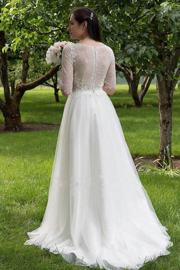 White Lace Bodice Half Sleeves Long Wedding Dresses, Cheap Bridal Gowns, MW160 Musebridals White Lace Bodice Half Sleeves Long Wedding Dresses, Cheap Bridal Gowns, MW160 Musebridals