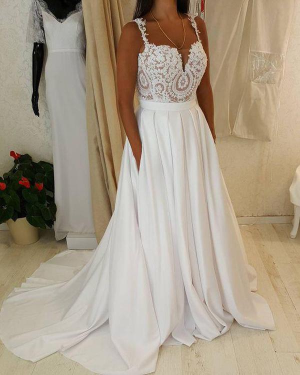 White Sweetheart Lace Top Spaghetti Straps Long Wedding Dresses with Pocket, MW221 White Sweetheart Lace Top Spaghetti Straps Long Wedding Dresses with Pocket, MW221