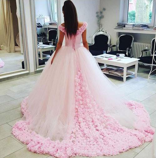 Ball Gown Fuchsia Wedding Dress Gorgeous Pink Tulle Off Shoulder