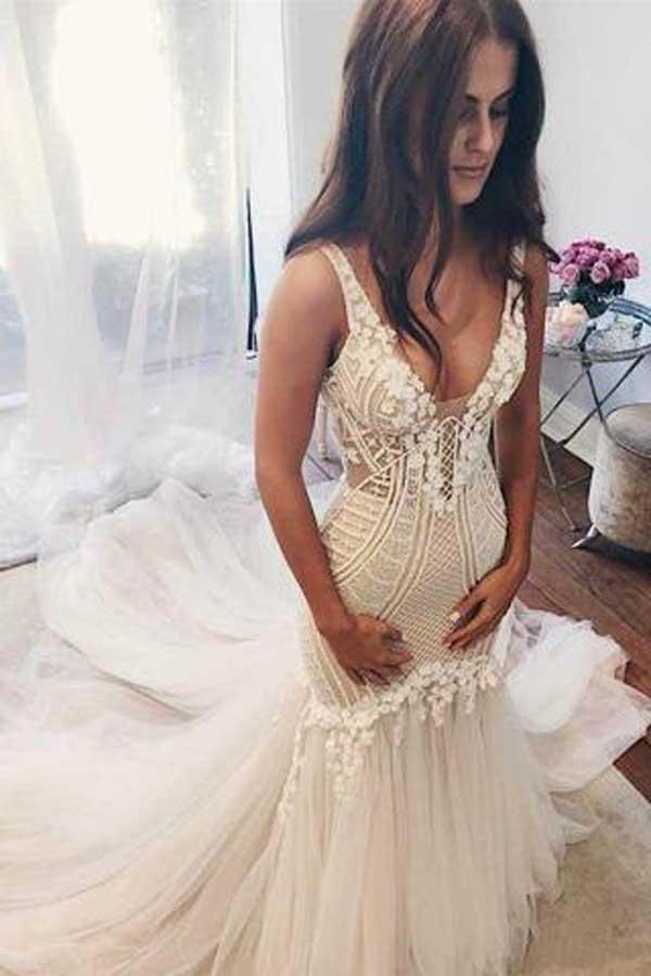 Gorgeous Ivory Tulle Mermaid V-Neck Lace Sleeveless Wedding Dresses, MW156 Musebridals Gorgeous Ivory Tulle Mermaid V-Neck Lace Sleeveless Wedding Dresses, MW156 Musebridals