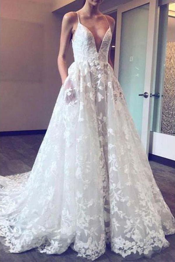 Fabulous Deep V Neck Spaghetti Straps Lace Applique Ball Gown Wedding Dresses, MW150 Fabulous Deep V Neck Spaghetti Straps Lace Applique Ball Gown Wedding Dresses, MW150
