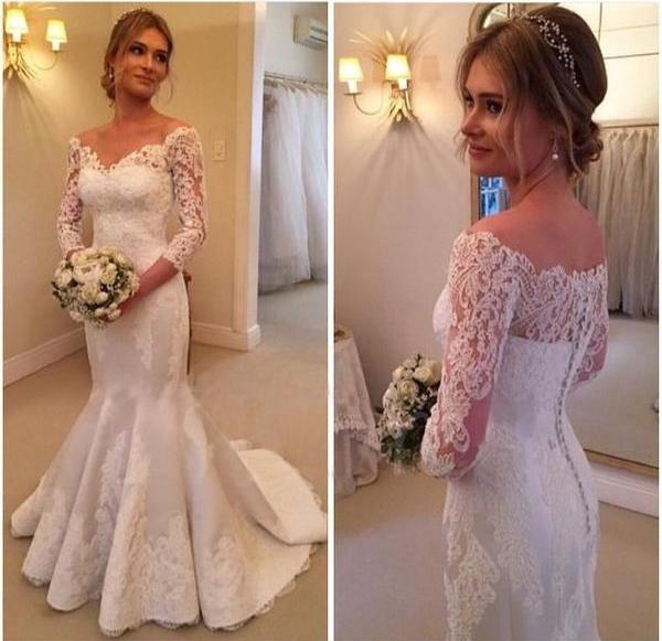 Beautiful Lace Mermaid V-Neck 3/4 Sleeves Ball Gowns Wedding Dresses, MW163 Beautiful Lace Mermaid V-Neck 3/4 Sleeves Ball Gowns Wedding Dresses, MW163