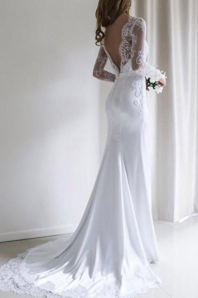 Fabulous White Long Sleeves Mermaid Lace Long Wedding Dress with Train,  MW144  Musebridals