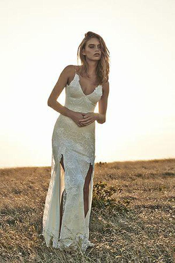 Ivory Lace Off-the-Shoulder Boho Backless Beach Wedding Dresses with Front Split, MW174 Musebridals Ivory Lace Off-the-Shoulder Boho Backless Beach Wedding Dresses with Front Split, MW174 Musebridals