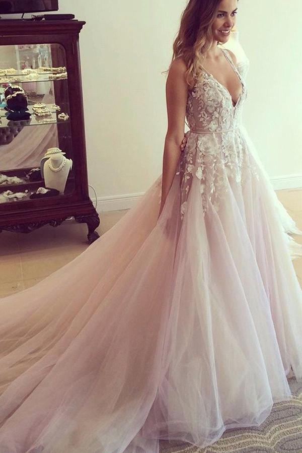 Pink A-line V-neck Sheer Back Long Wedding Dresses with Appliques, MW245 Pink A-line V-neck Sheer Back Long Wedding Dresses with Appliques, MW245