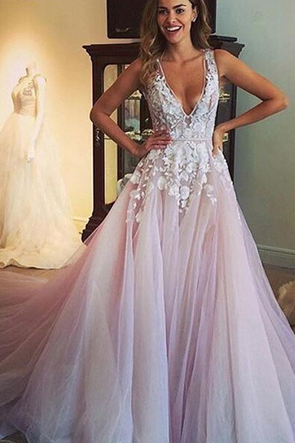 Pink A-line V-neck Sheer Back Long Wedding Dresses with Appliques
