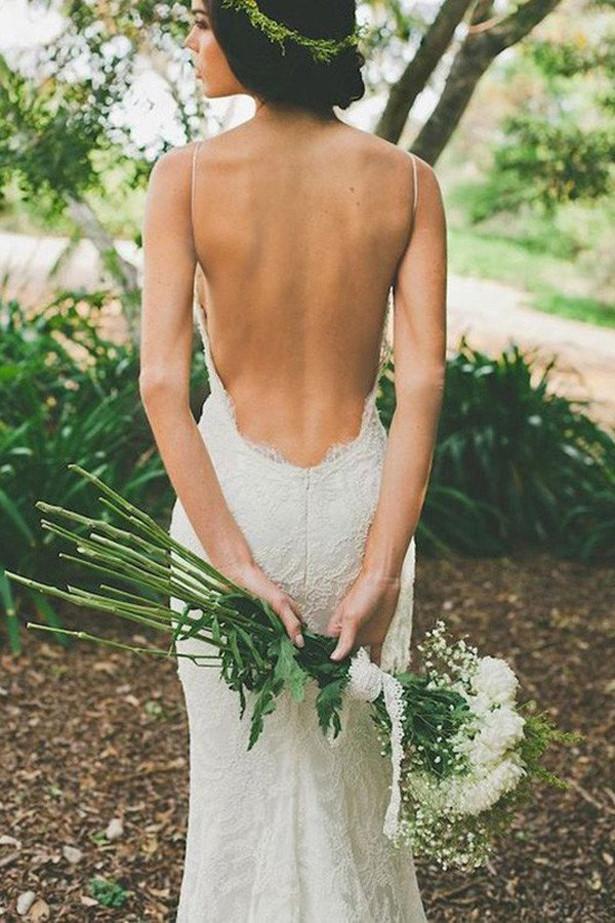 White V-neck Open Back Spaghetti Straps Wedding Dress with Sweep