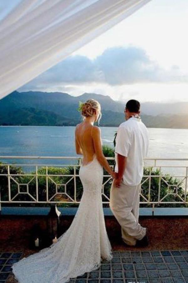 Simple Open Back Vintage Mermaid Spaghetti Straps Lace Beach Wedding Dress,  MW250