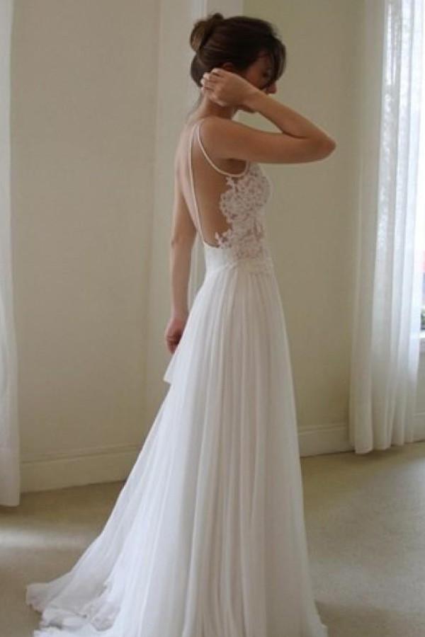 White Chiffon Spaghetti Straps Simple Lace Backless Cheap Wedding Dresses, MW234 White Chiffon Spaghetti Straps Simple Lace Backless Cheap Wedding Dresses, MW234