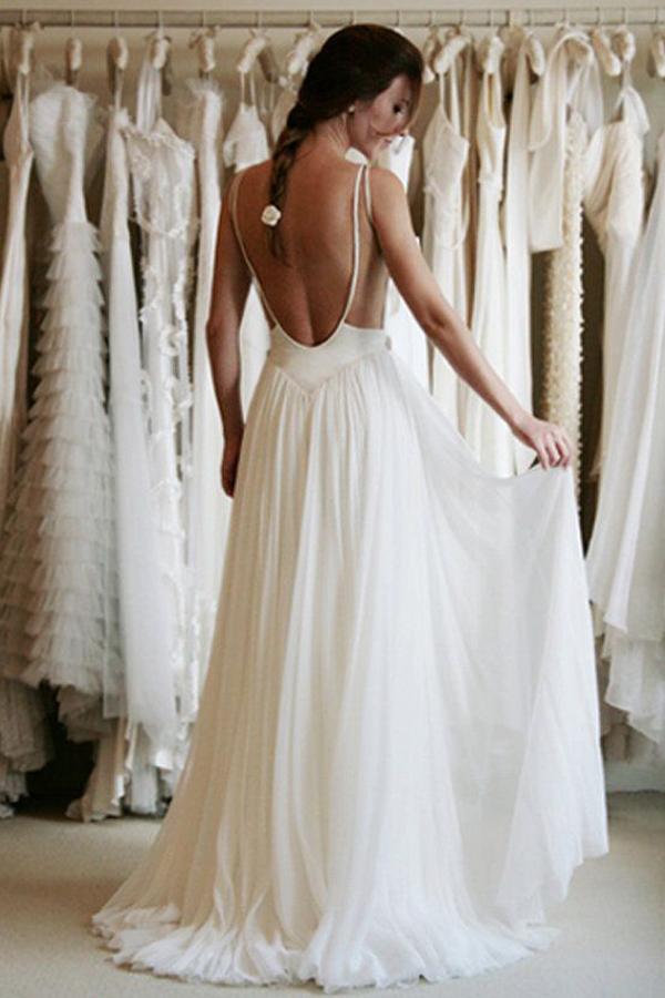 White Chiffon Spaghetti Straps Simple Lace Backless Cheap Wedding Dresses, MW234
