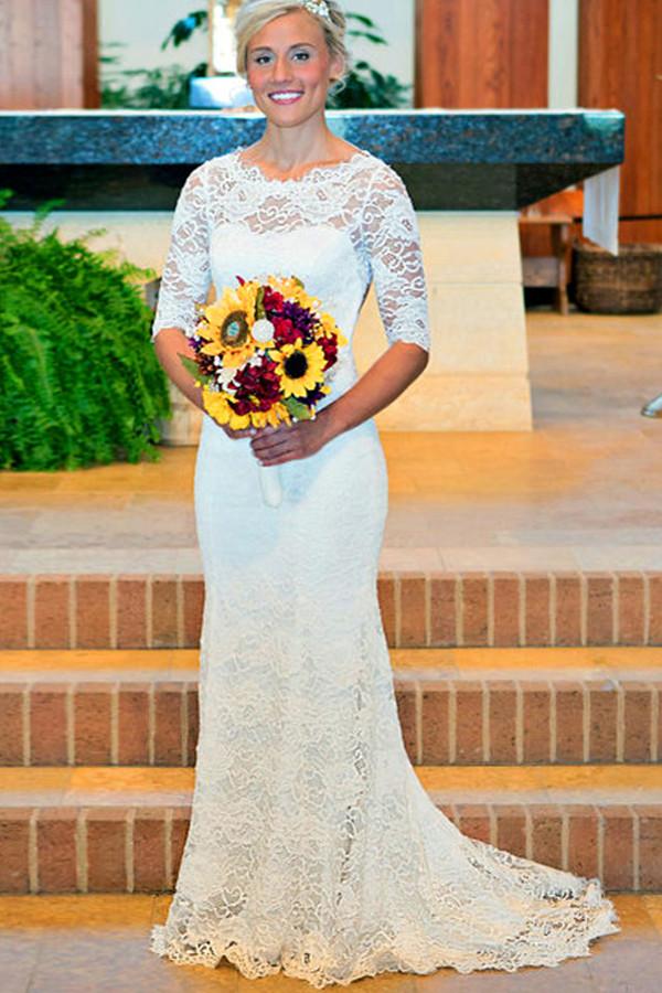 White Mermaid Lace Round Neck Open Back Half Sleeves Wedding Dresses, MW211 Musebridals White Mermaid Lace Round Neck Open Back Half Sleeves Wedding Dresses, MW211 Musebridals
