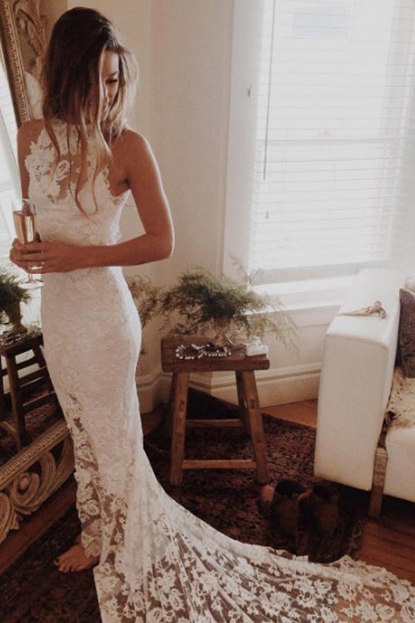 lace halter mermaid wedding dress Lace Mermaid Halter Princess Backless Romantic Beach Wedding Dresses, MW183  – Musebridals