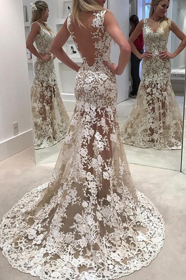 Sheer Lace Up Open Back Sweep Train Wedding Dresses With Appliques, MW201 Sheer Lace Up Open Back Sweep Train Wedding Dresses With Appliques, MW201