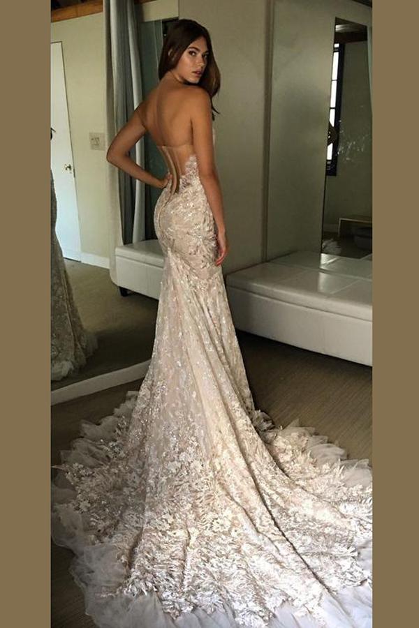 Strapless Open Back Sweetheart Wedding Dresses With Trumpet Sweep Train, MW193 Strapless Open Back Sweetheart Wedding Dresses With Trumpet Sweep Train, MW193