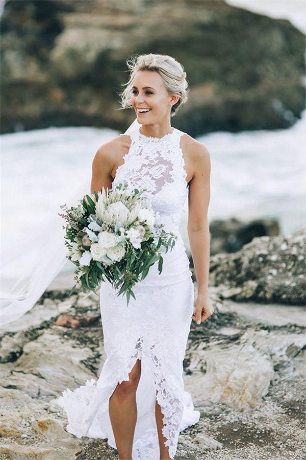 White Halter Lace Sweep Train Beach Wedding Dresses, Appliques Wedding Gown, MW161 White Halter Lace Sweep Train Beach Wedding Dresses, Appliques Wedding Gown, MW161